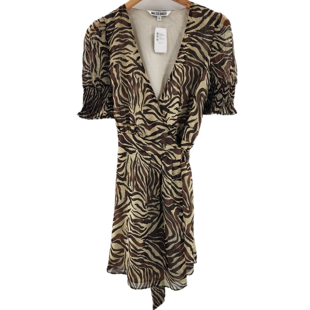 Walter Baker Brandi Safari Zebra Print Short Sleeve Wrap Mini Dress Womens Small